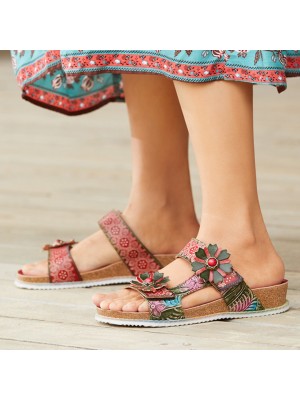  Genuine Leather Comfy Beach Vacation Bohemian Ethnic Floral Hook   Loop Outdoor Wedges Sandals