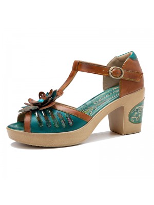  Genuine Leather Retro Three  dimensional Flower Comfy Breathable Hollow Heeled Sandals