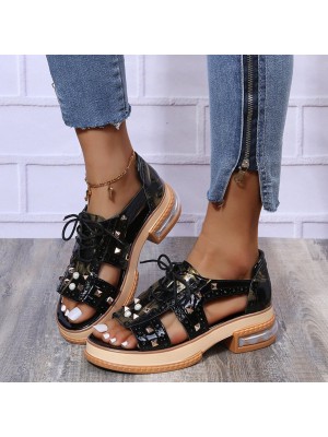 Plus Size Women Casual Fashion Rivet Decor Lace  up Sandals